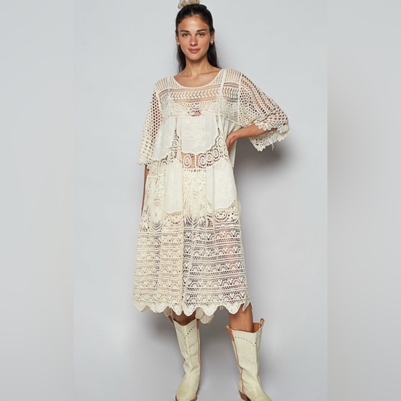 POL One Size Cotton Natural Lace Crochet Embroidered Dress Beautiful Boho Beach - Picture 1 of 2